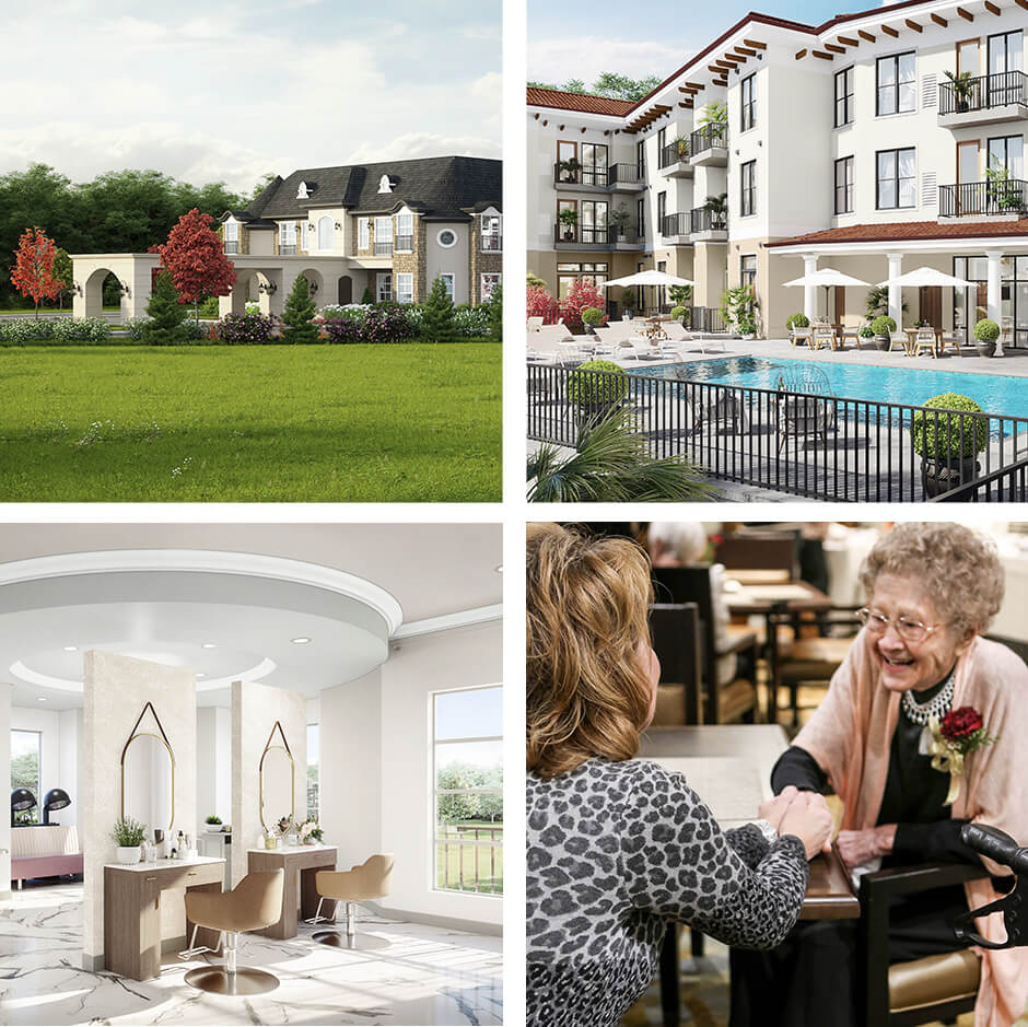 Collage of exterior and interior shots of Heartis communities, including a resident and her daughter