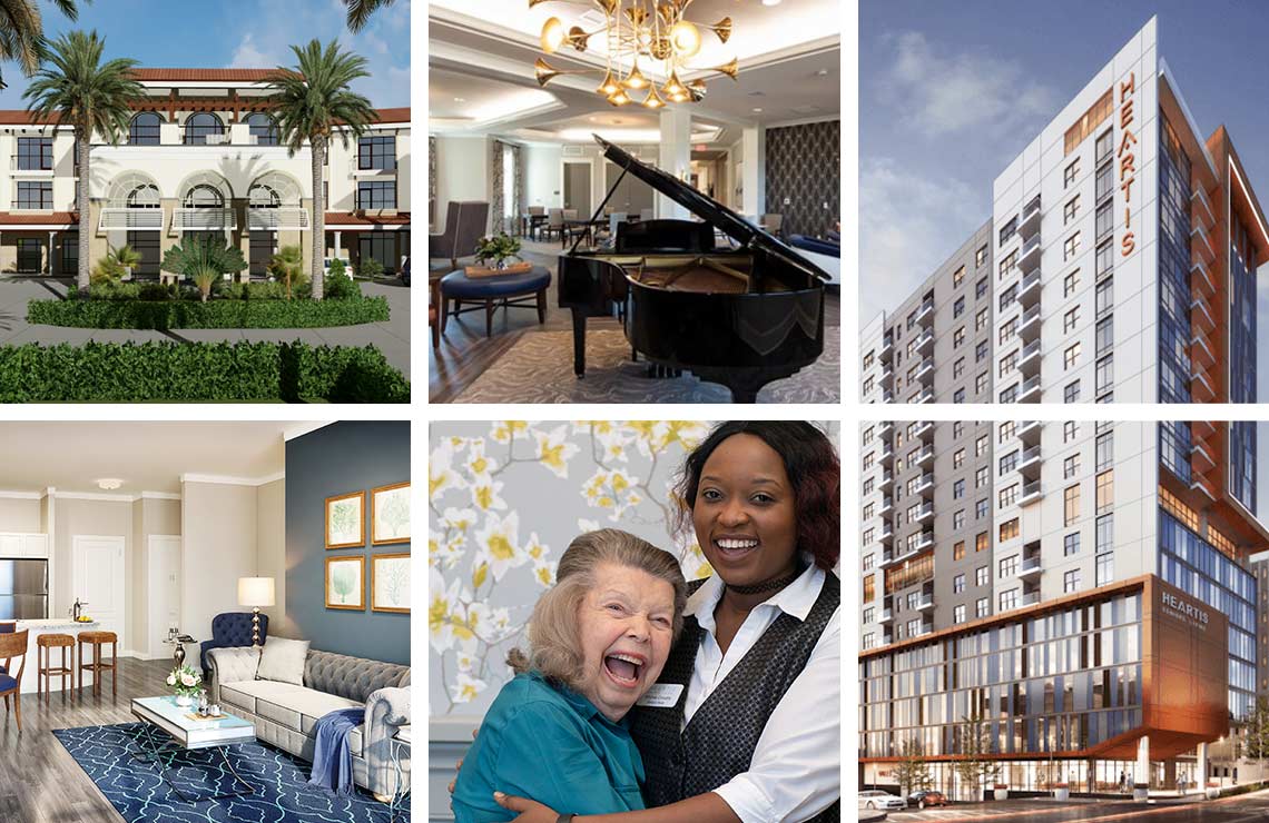 Collage of Heartis interior and exterior shots showing the buildings, staff, and residents
