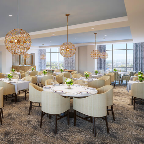 Northside Dining Room for Independent Living at Heartis Buckhead with chandeliers, tables and windows
